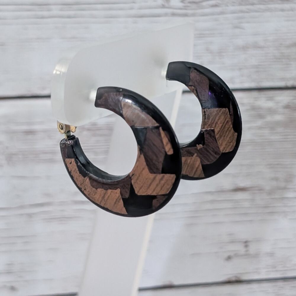Vintage Clip On Earrings Unusual Brown & Black Hoops